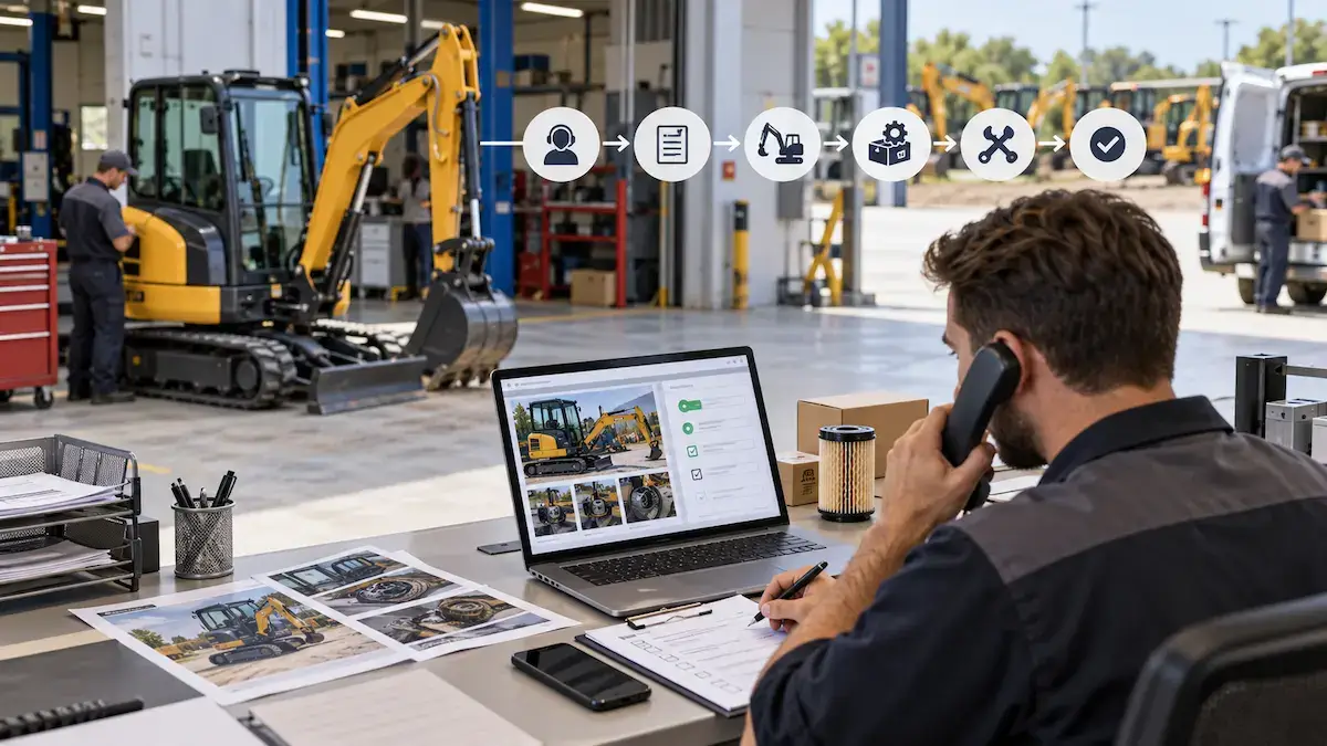 Dealer managing a mini excavator after-sales workflow from customer issue to case closure
