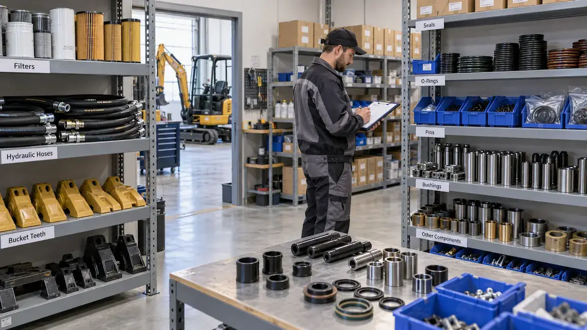 Dealer Mini Excavator Spare Parts Inventory Mini excavator spare parts inventory organized in a dealer parts room