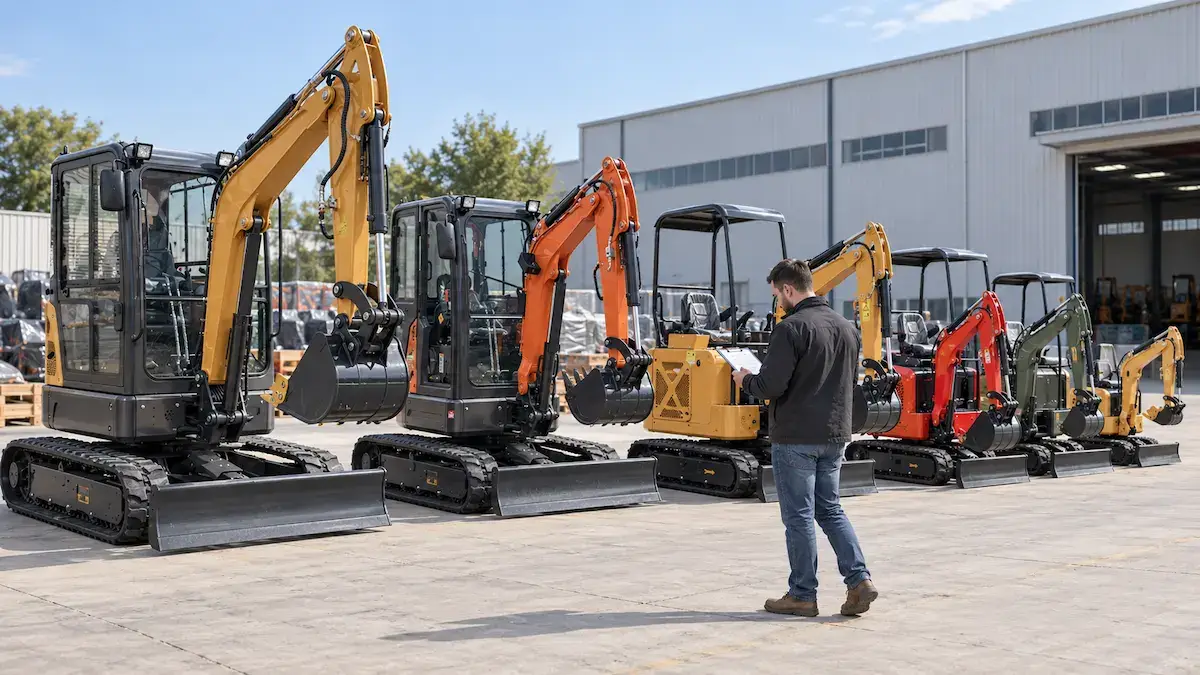 Mini Excavator First Order Product Mix Dealer reviewing mini excavator MOQ and different size classes for a first order