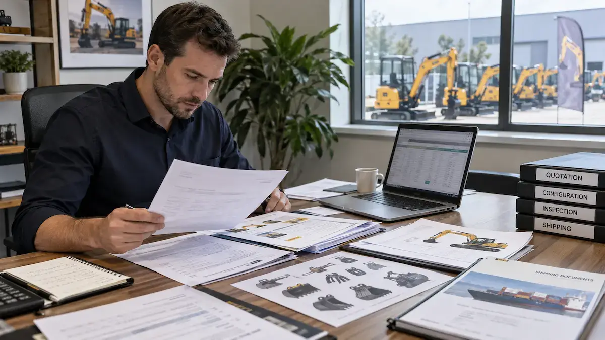Mini Excavator First Order Review Dealer reviewing mini excavator first-order configuration, quotation, inspection and shipping documents