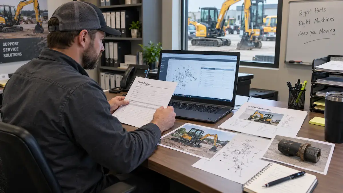 Mini Excavator Parts Identification and Request Review Dealer service employee reviewing mini excavator machine identification and parts request information
