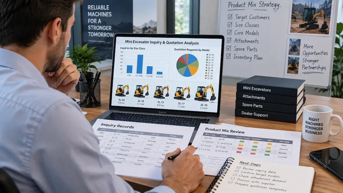 Mini Excavator Product Mix Analysis Dealer reviewing inquiry records and quotation activity to adjust a mini excavator product mix