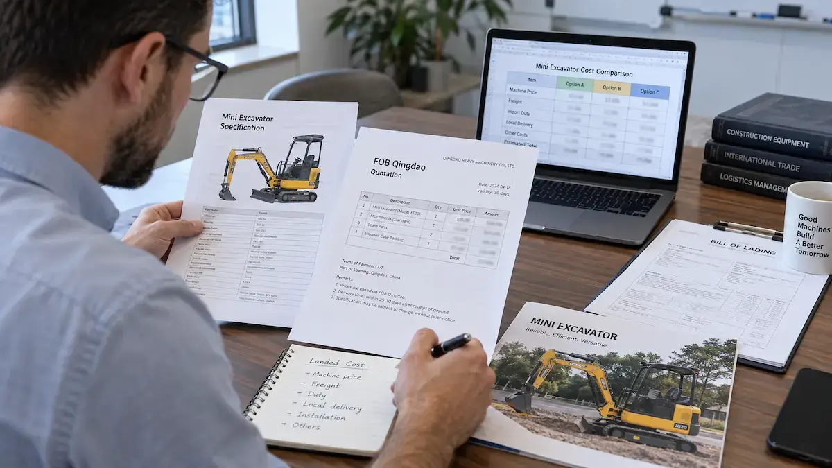 Mini Excavator FOB Quotation and Landed Cost Review Buyer reviewing a mini excavator FOB quotation and landed cost breakdown