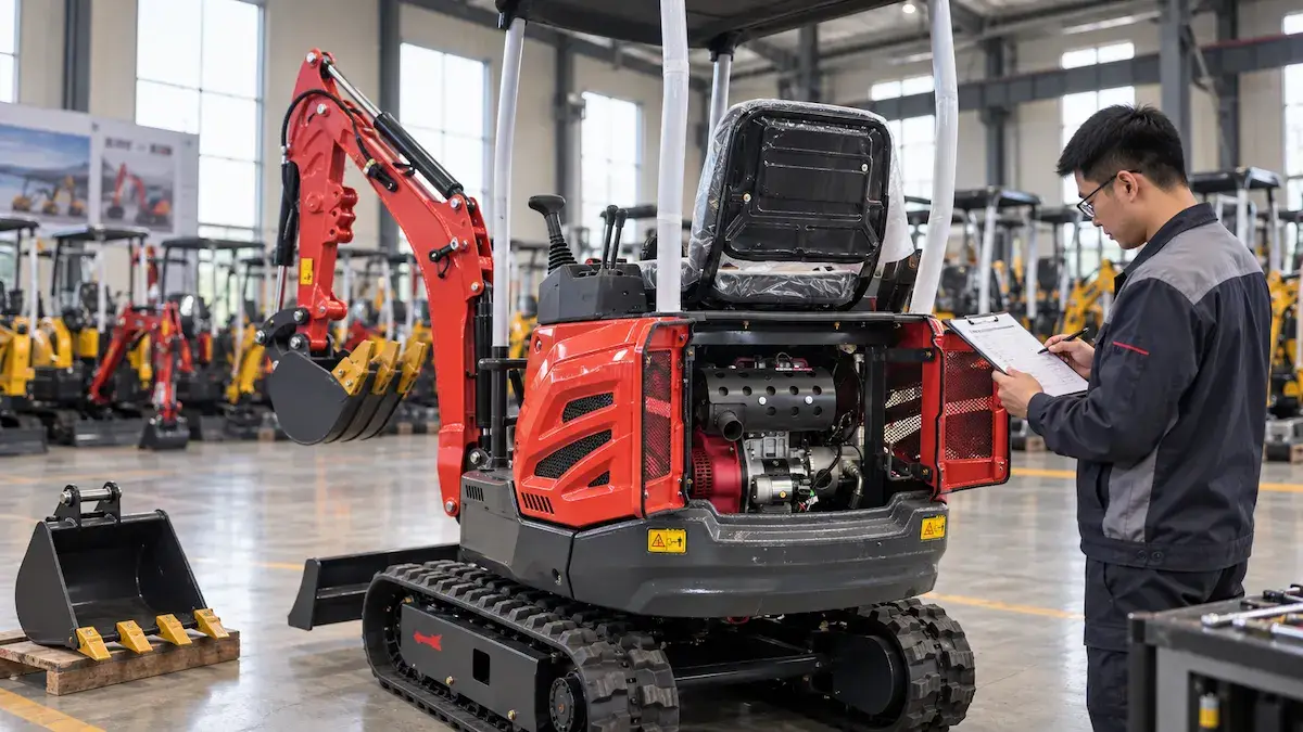 Mini Excavator Configuration Check Before Quotation Staff checking machine configuration before preparing a mini excavator quote