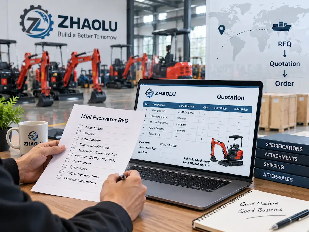 Overseas buyer reviewing a mini excavator quote from China