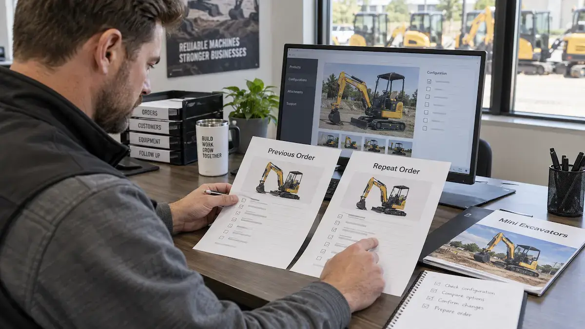 Mini Excavator Repeat-Order Configuration Comparison Dealer comparing previous and repeat mini excavator order configurations side by side