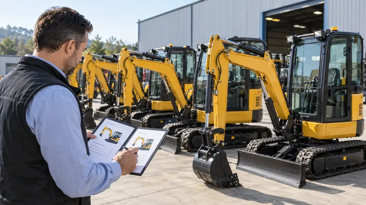 Dealer reviewing a mini excavator repeat order and comparing machine configurations