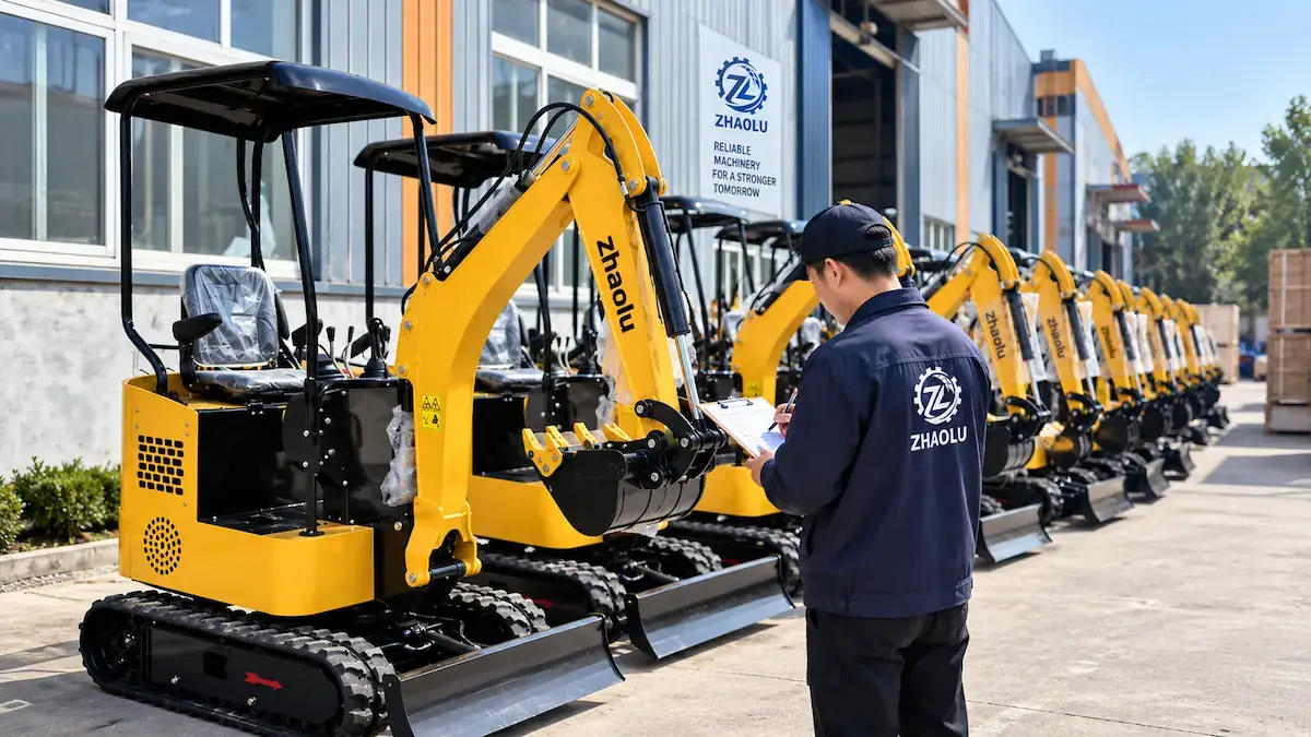 Mini Excavator Repeat-Order Inspection Dealer inspecting a repeat-order mini excavator against a configuration checklist