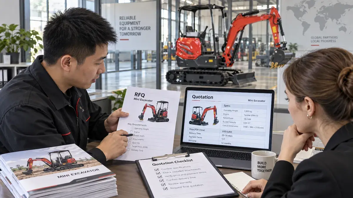 Mini Excavator RFQ and Quotation Review Sales team reviewing a mini excavator quote and RFQ requirements
