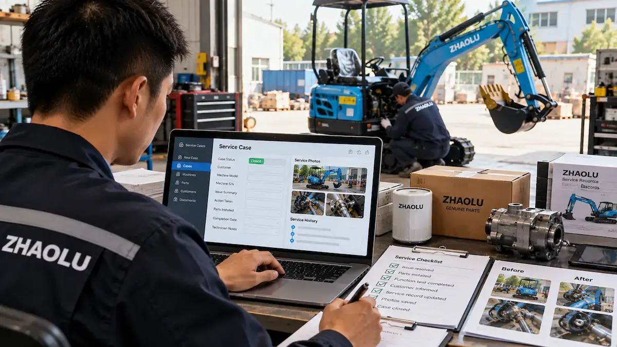 Closing a Mini Excavator Service Case Dealer service employee updating a completed mini excavator service record before case closure