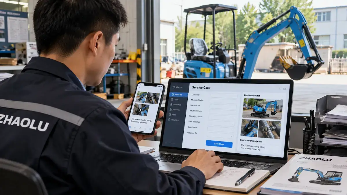 Mini Excavator Service Case Intake Dealer service employee reviewing a mini excavator issue report and machine identification
