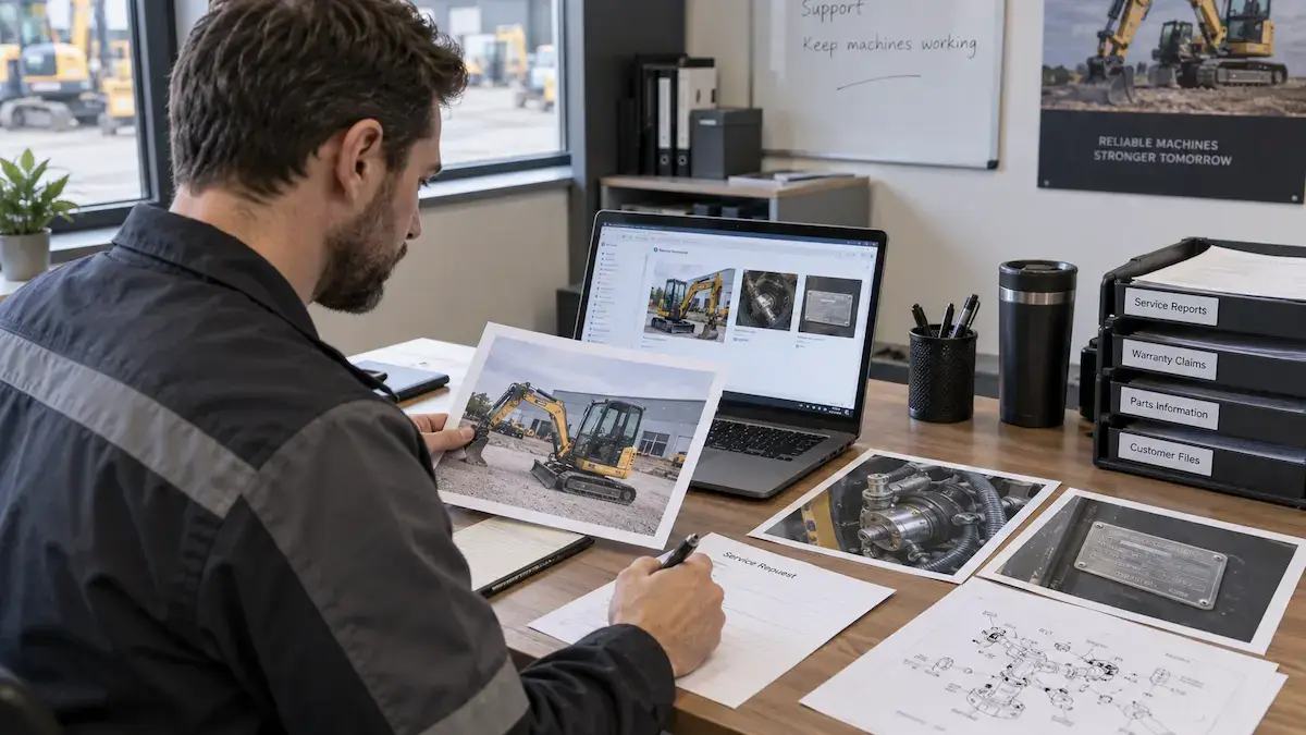 Reviewing Mini Excavator Service Claim Evidence Service employee reviewing mini excavator fault photos and parts information before submitting a claim