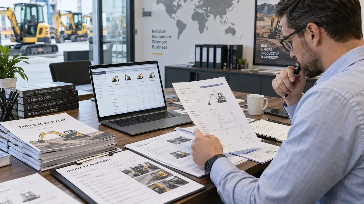 Comparing Mini Excavator Suppliers Dealer reviewing mini excavator supplier quotations, specifications and inspection documents