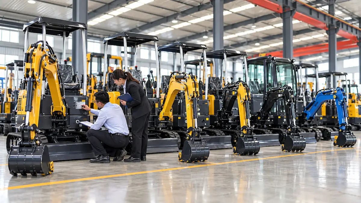 Mini Excavator Supplier Evaluation and Inspection Dealer inspecting mini excavators and checking machine identification at a supplier facility