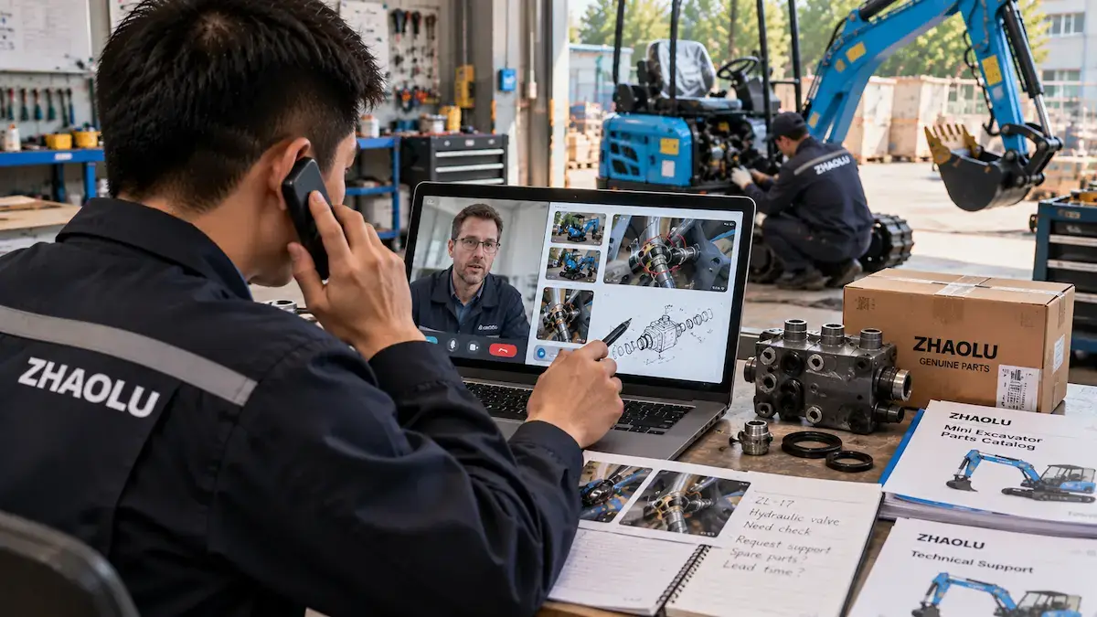 Mini Excavator Supplier Service Coordination Dealer coordinating mini excavator technical support and parts information with a supplier