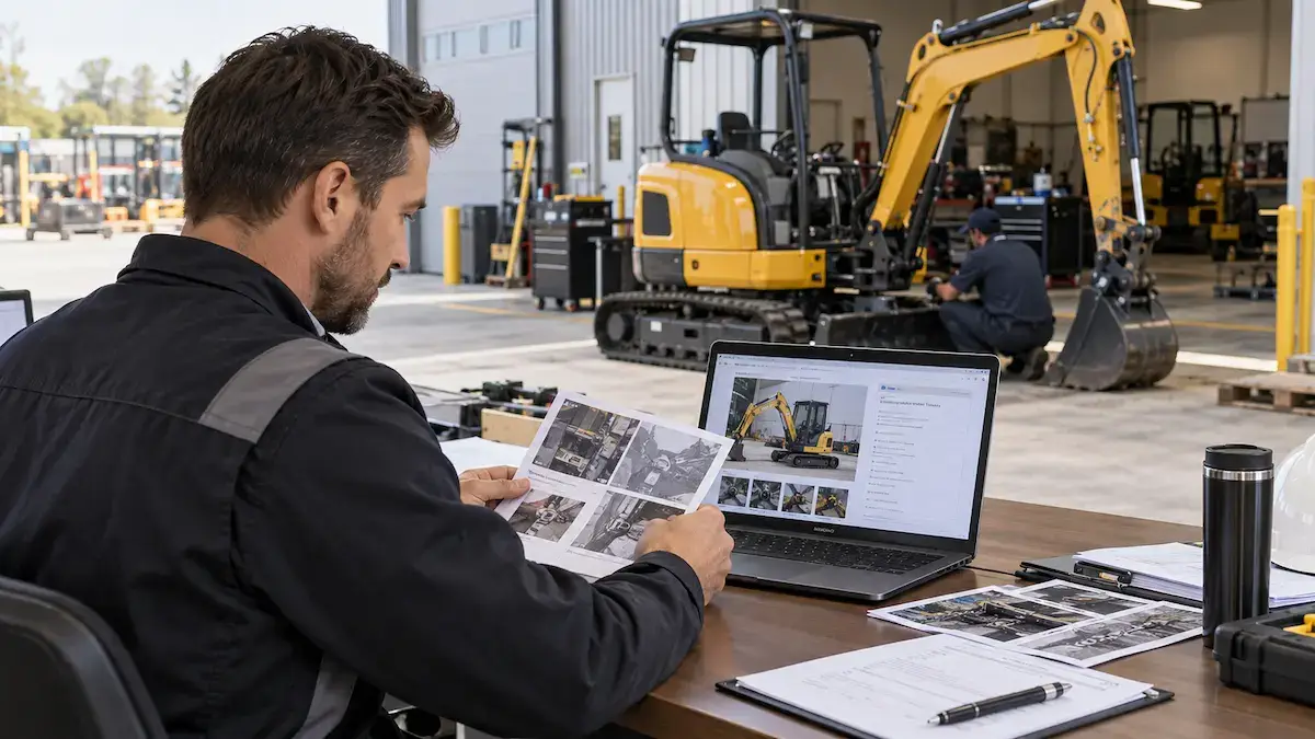 Dealer preparing a mini excavator warranty claim with machine information and service evidence