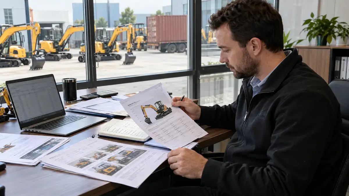 Mini Excavator Wholesale Order Review Dealer reviewing wholesale mini excavator order, specifications and shipment documents