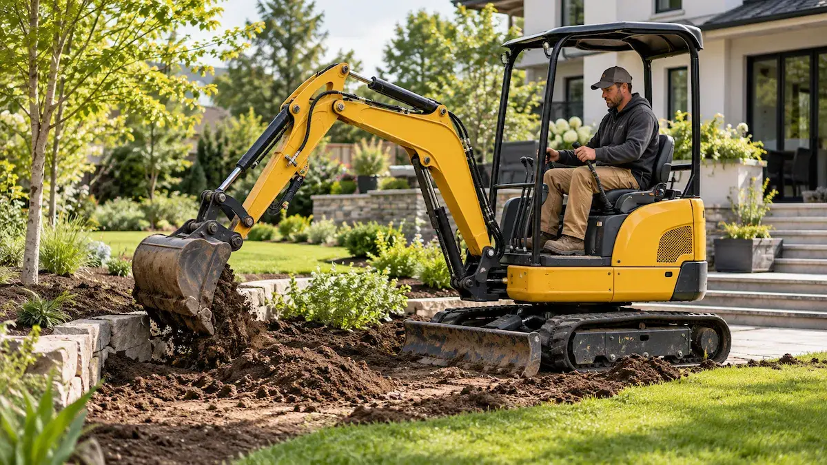 mini excavator for landscaping in a residential garden